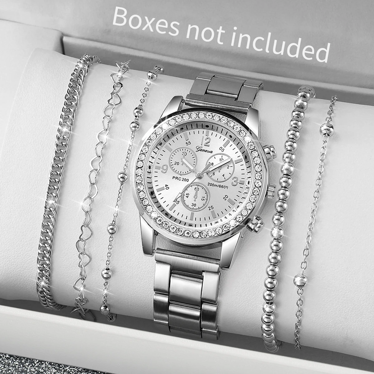 6PCS Women\'s Watch Fashion Rhinestone Stainless Steel Band Quartz Watch Bracelets Set（Without Box）