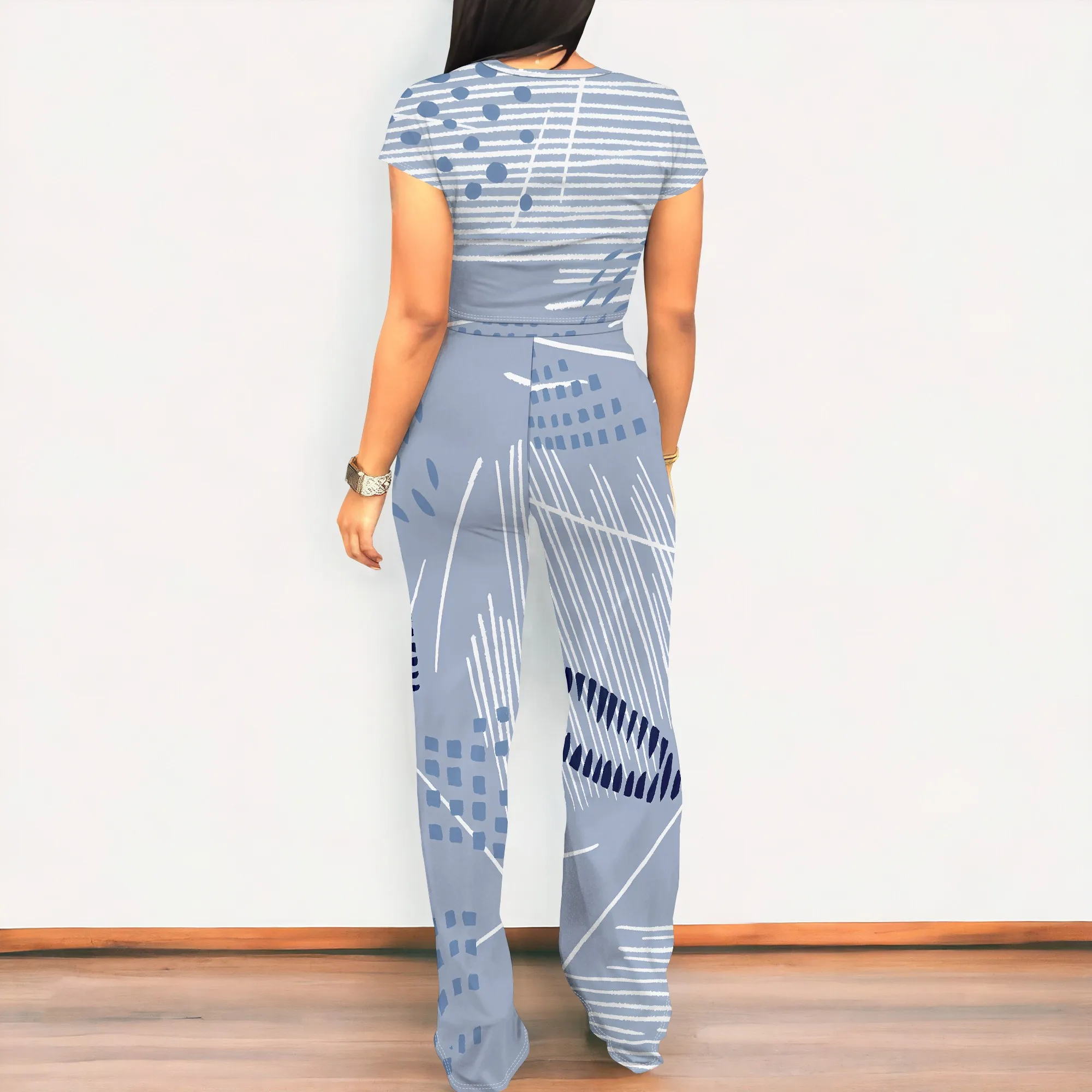Conjunto de dos piezas con estampado de líneas abstractas azules, conjunto de top corto de verano para mujer y pantalones de pierna ancha