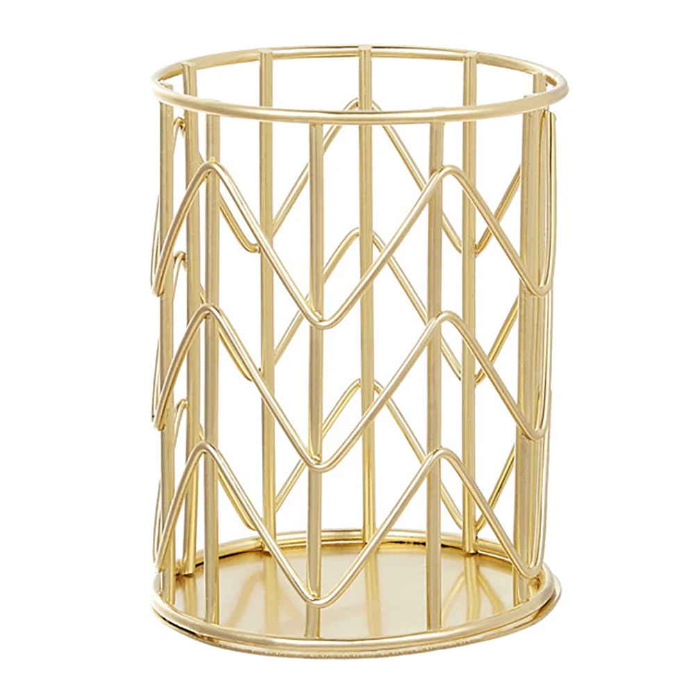 Gold Plated Iron Pen Holder Desk Organizer Storage Container Not Easy to Rust Elegant Design for Pens Makeup Brushes