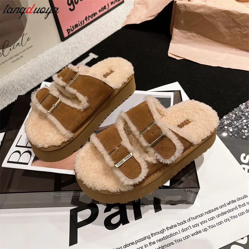 Round Toe Belt Buckle Women Slippers Fashion retro brown plush slippers Winter new Flat Sole Modern Slippers  Women Casual mules