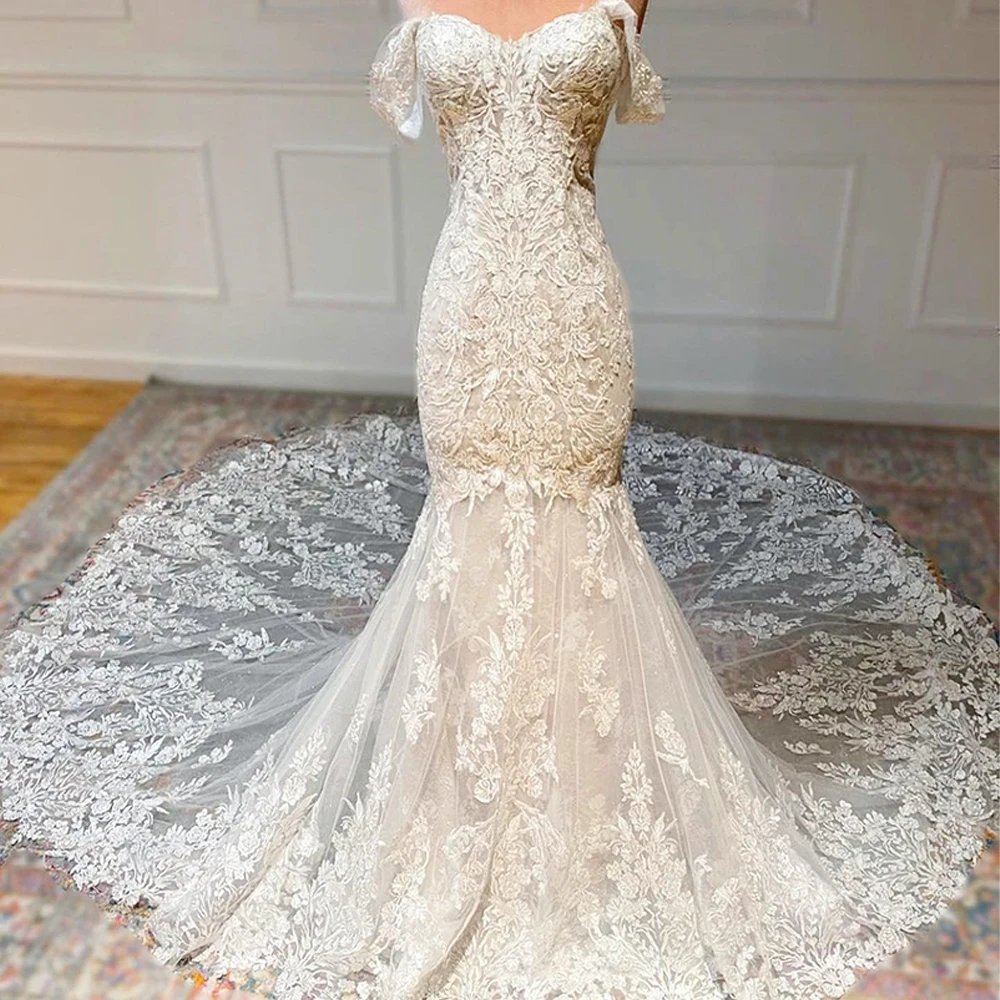 

Mermaid Appliques Lace Wedding Dress Classic Floor Length Sweep Train Graceful Off the Shoulder Tulle Sleeveless Sweetheart 2024