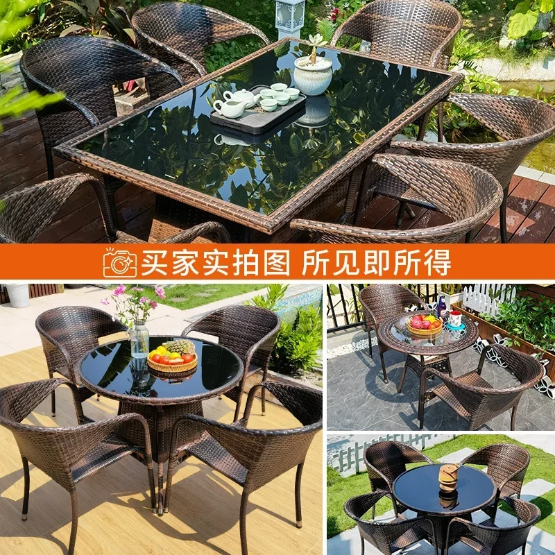 Outdoor rattan tables and chairs courtyard coffee table waterproof and sunscreen balcony outdoor garden leisure terrace yard lei