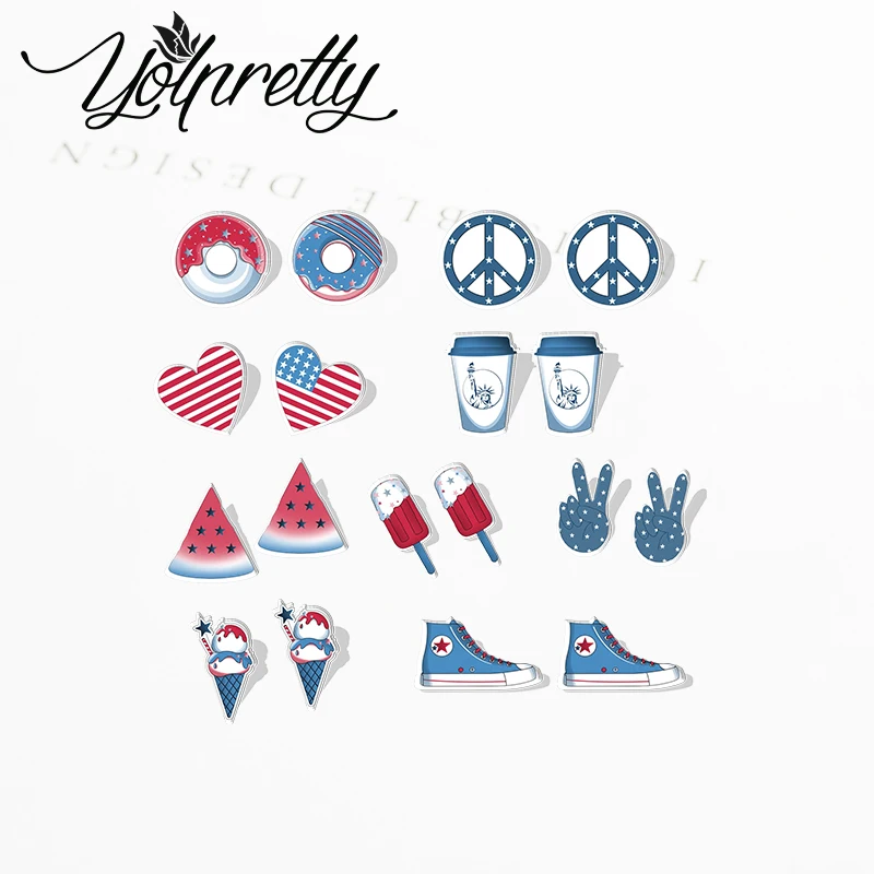 2023 Cartoon Independence Day Flag Acrylic Stud Earrings Resin Epoxy Ear Fashion Jewelry Earrings for Women Girls