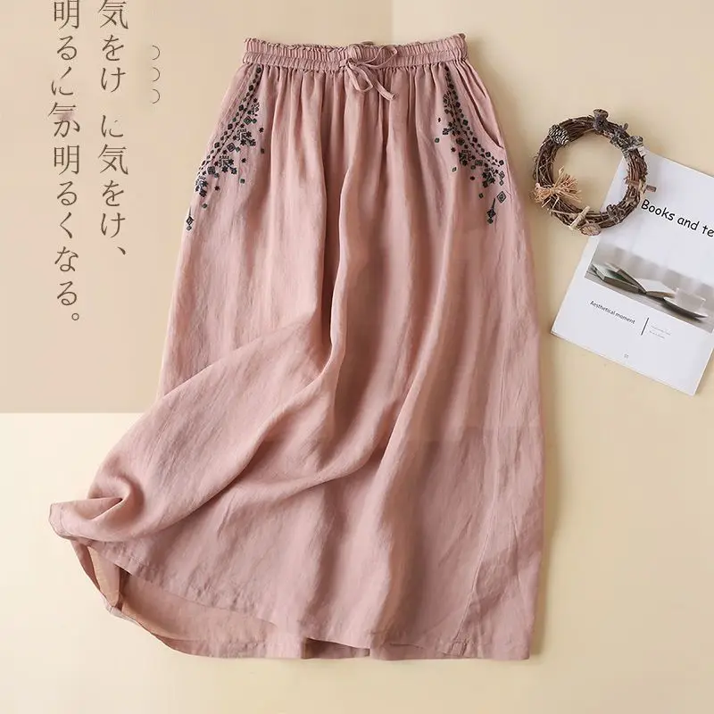 

Pendant Embroidered Women's 2024 New Spring and Summer Fashion Patchwork Elastic Waist Pocket Loose Casual Mid Length Skirt