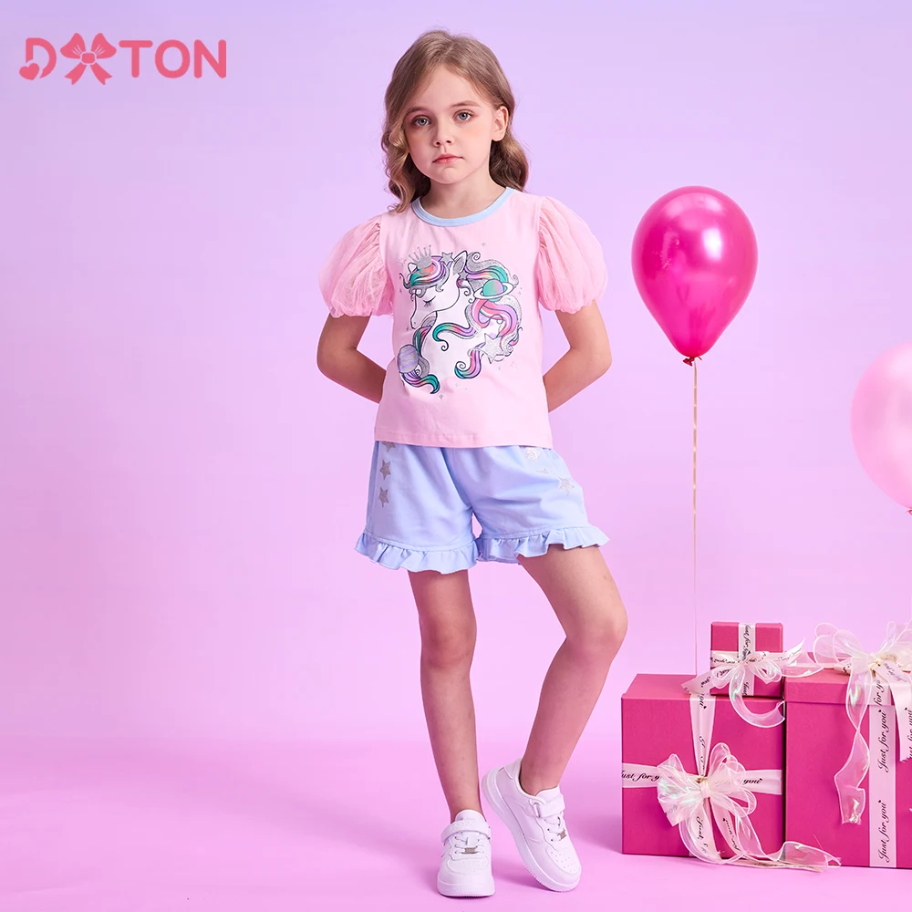 

DXTON 2024 Girls Summer Clothing Sets Puff Sleeves T-shirts+Shorts 2pcs Children Suit For Girls Unicorn Baby Kids Casual Clothes