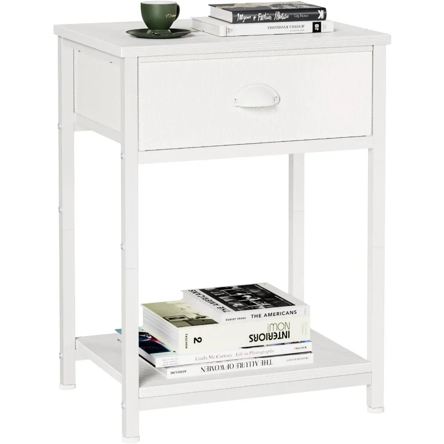 White Nightstand with Fabric Drawer Small Side Table for Small Spaces 2 Tiers Storage Shelves End Table Night Stand for Living