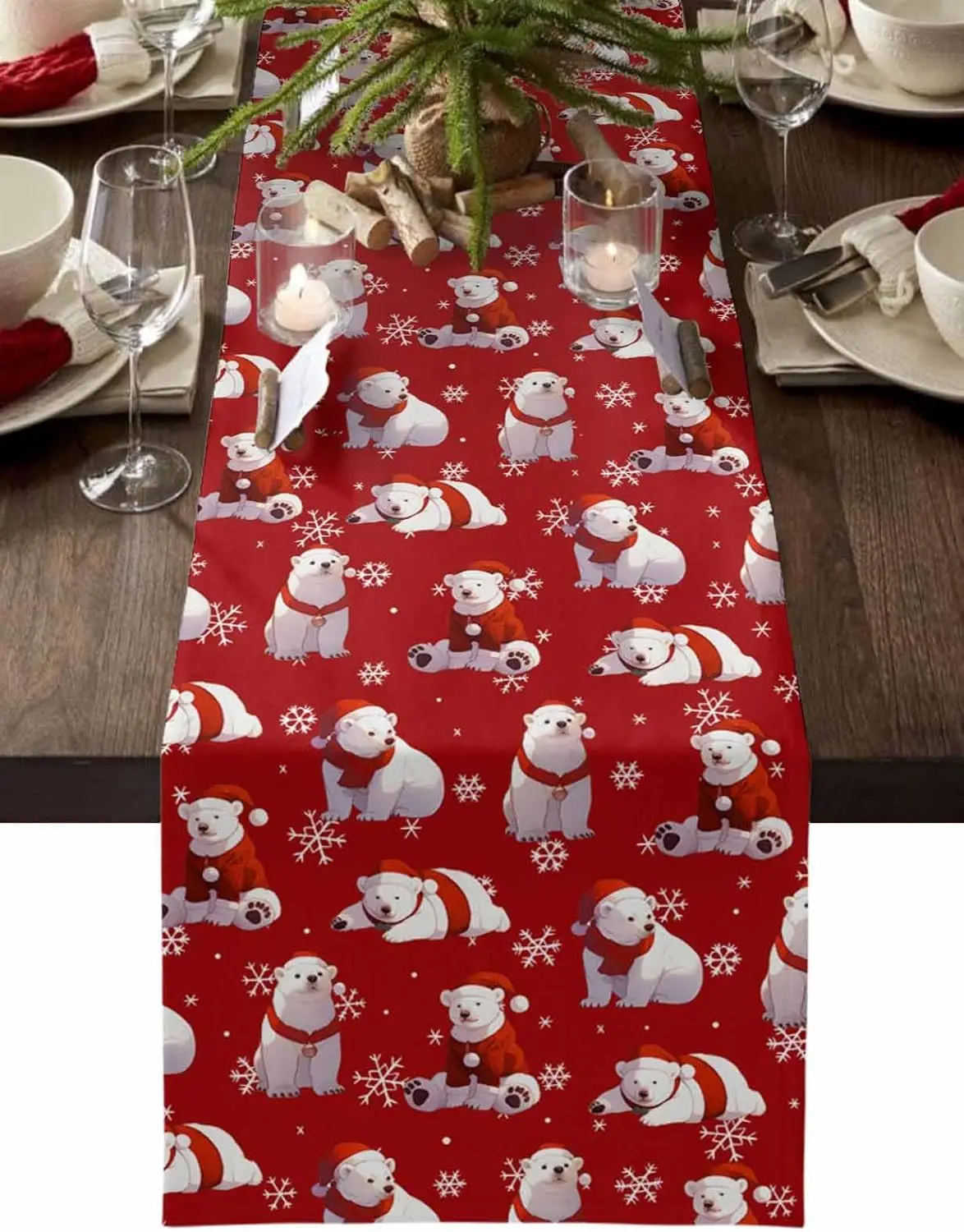 

Merry Christmas Bear Snowflakes Linen Table Runner Holiday Party Decor Winter Kitchen Dining Table Runners Christmas Decorations