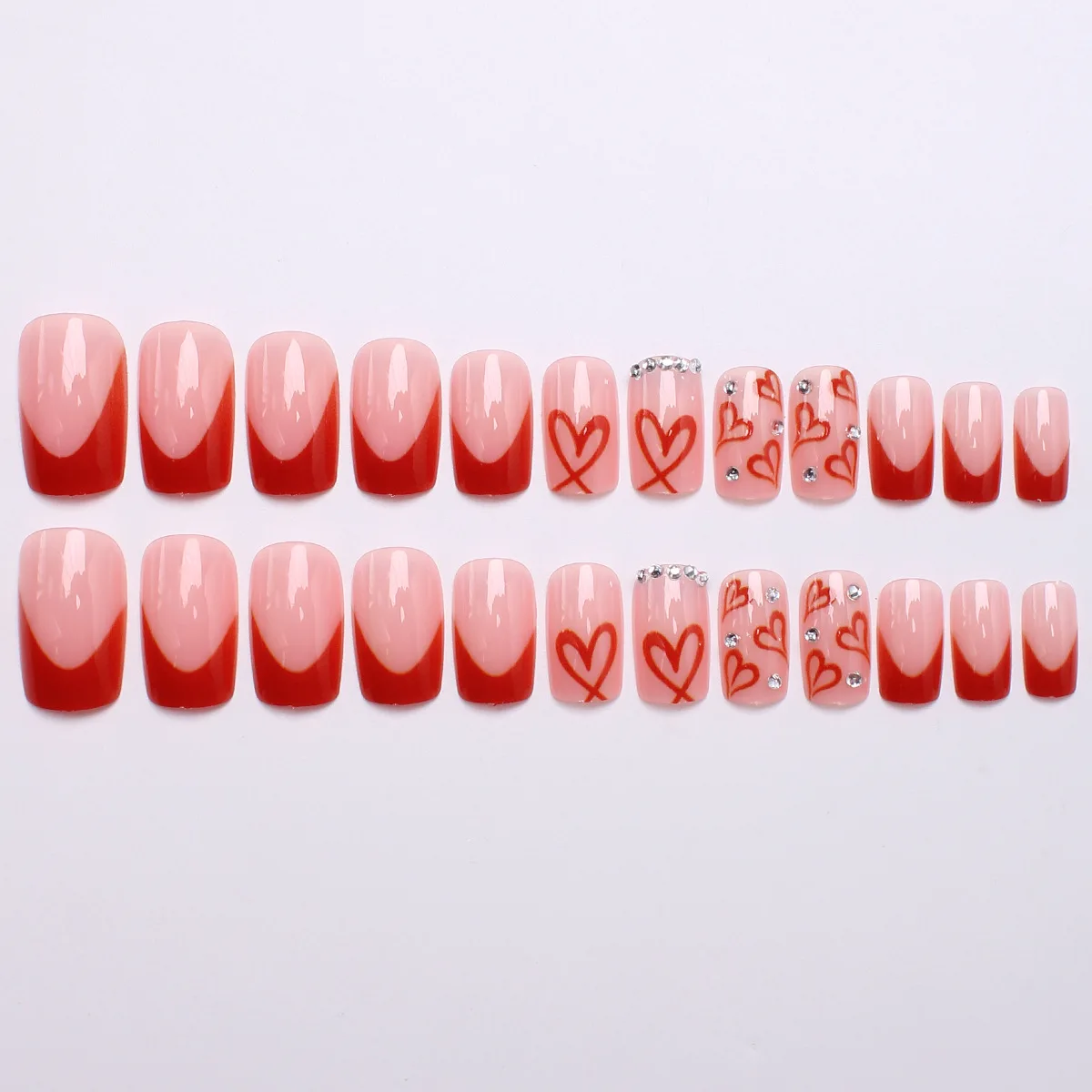 เล็บปลอมทรงเหลี่ยมขนาดกลางสำหรับวันวาเลนไทน์ ลายหัวใจสีแดงน่ารักประดับเพชร ดีไซน์แบบฝรั่งเศส ปิดเต็มเล็บ กดติดง่าย