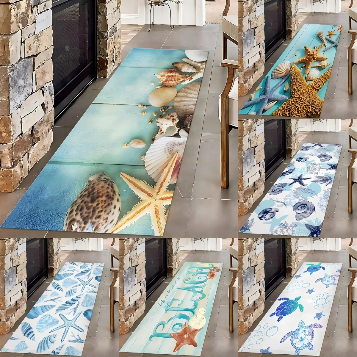 Undersea Animal Entrance Rug, Shell Scallop Marine Rug Runners for Hallways, Soft Rug, with Non Slip Area Mat for Indoor Entry