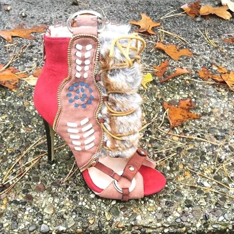 Gray Velvet Rope Wrapped Reddish Brown Boots Women Open Stiletto Suede Sandals Fringe Totem Print Cool Girl Wild Lace Heels Shoe