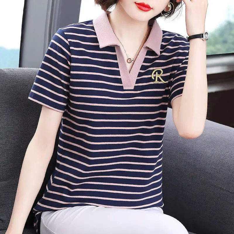 

New Summer Women's Striped Polo Neck Short SleeveLoose Plus Size Thin Pullovers Embroidery Classic Fashion Casual Tops