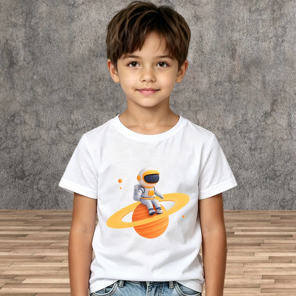 Boys Girls Cotton Astronaut Printed Tees Kids Summer Casual Short Sleeve Tops