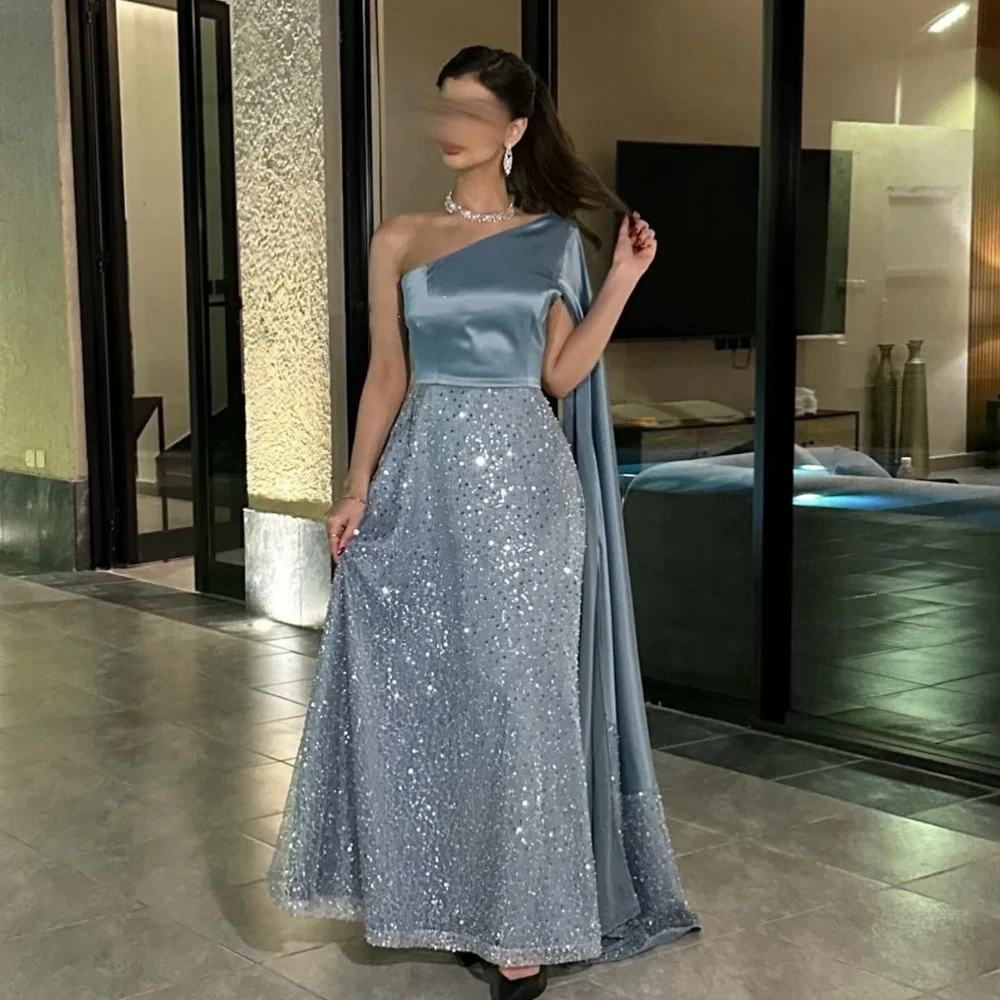 

Sparkle Intricate Satin Pleat Sequined A-line One-shoulder Long Dresses Cocktail Dresses Matching Exquisite Elegant Pastrol