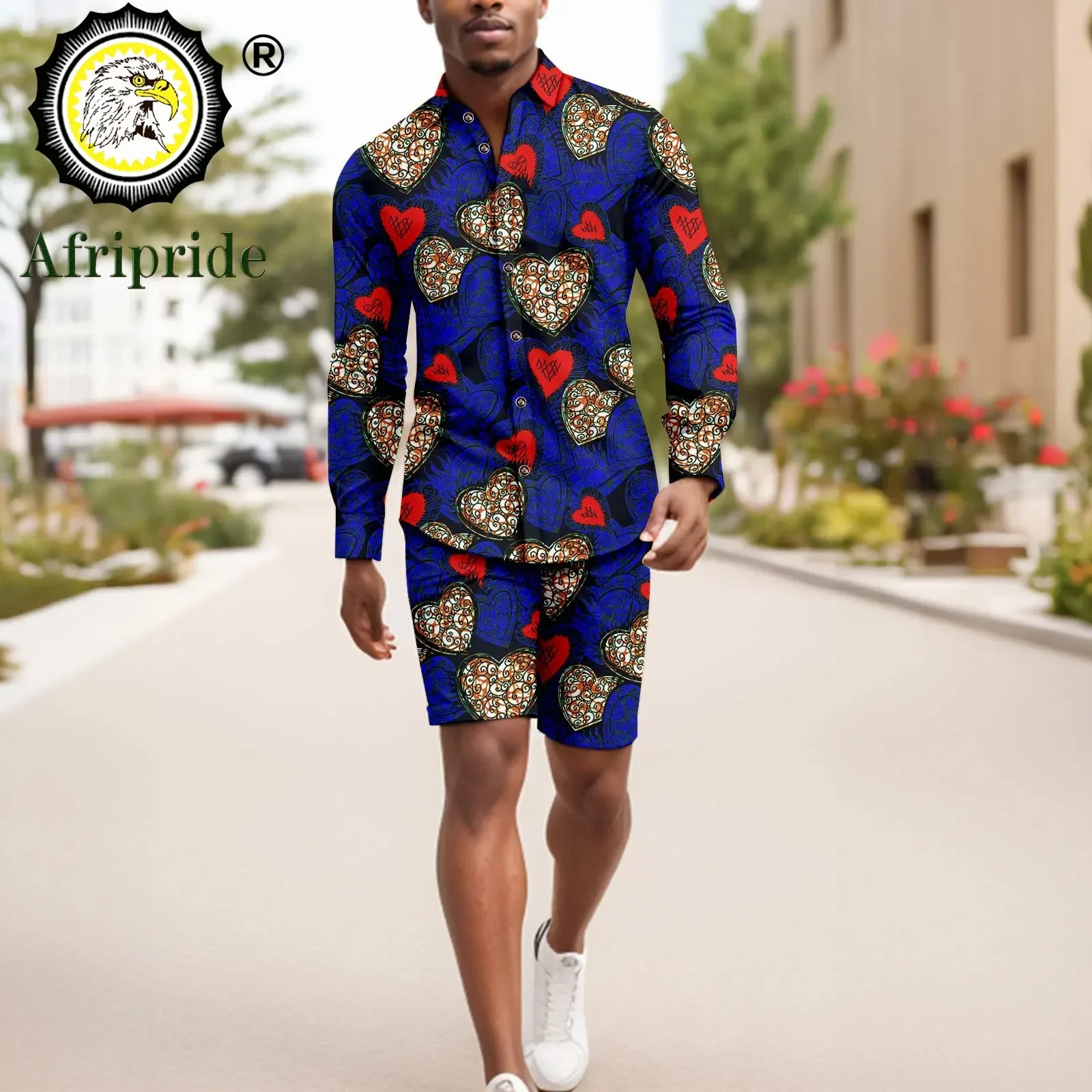 Men`s Tracksuit African Clothes Full Sleeve High-neck Shirts and Shorts 2 Piece Set Slim Fit Blouse Print Outfits A2316087