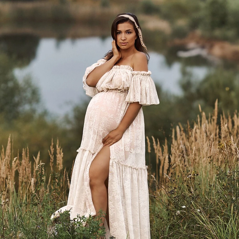 Maternity Gown For Photo Shoot elegant Two Piece White Lace Bohemian Maternity Dresses Pregnancy Sessions Baby Showers Dress