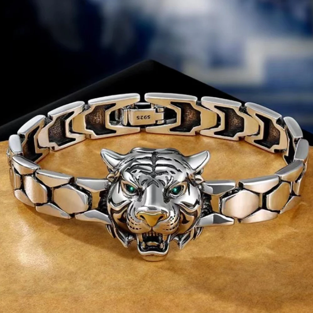 Herrenarmband mit silberfarbenem Tigerkopf, Punk-Stil, Drachenknochenkette, Vintage-Biker-Schmuck mit grünen Augen