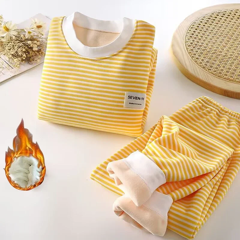

New striped plush warm children's clothing set for boys and girls pajamas clothing pants autumn and winter pajamas 0-5 years old