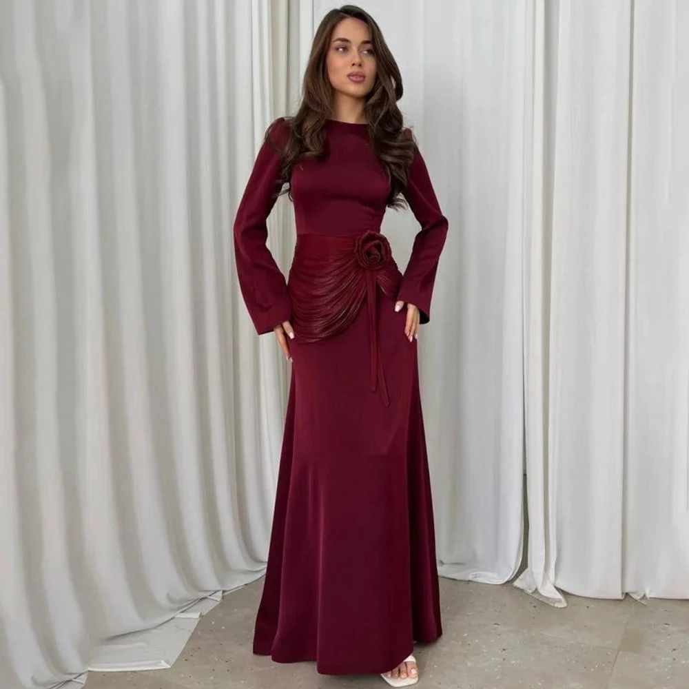 

Flechazo Burgundy Evening Dress Scoop Neck A-Line Floor Length Long Sleeves with 3D Flower and Pleat 2025 New Gowns Customized