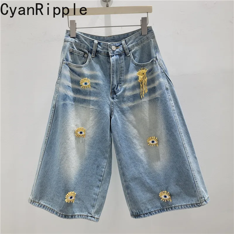 New Fashion Spring Summer All-match Straight Jeans Women Metal Diamond Buckle Decoration Loose Wide Leg Knee-length Denim Pants