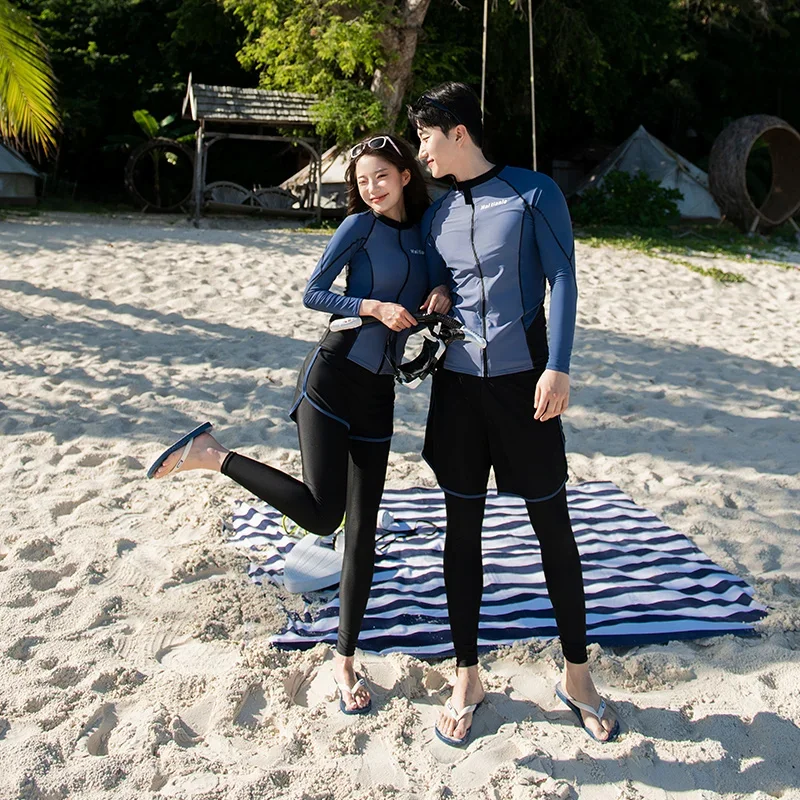 

2024 Korean Couple Rash Guards Patchwork Women Men Split Surfing Swimsuit Sunscreen Long Sleeved Pants Swimwear Diving Suit