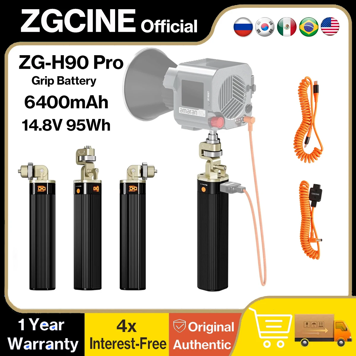 ZGCINE ZG-H90 Pro Battery Grip 95Wh USB-C PD D-Tap ARRI Pin 180° Rotating Power Handle for Aputure Godox COB LED Video Light