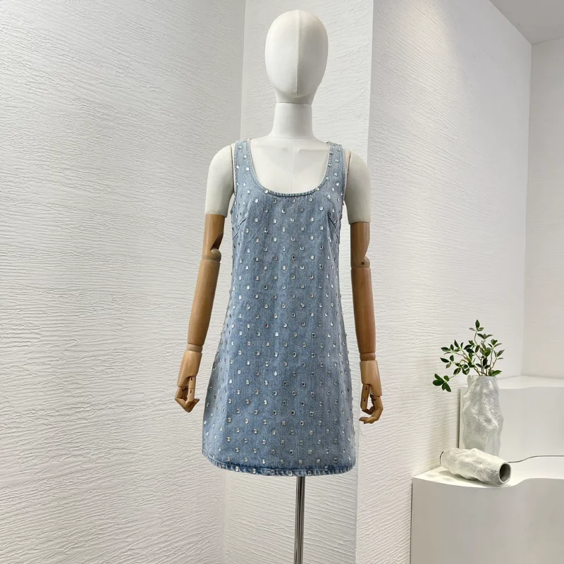 

Mist Blue Jeans Sequined Diamond Trim Strap Sleeveless Mini Dress for 2024 New Arrivals Holiday Dresses