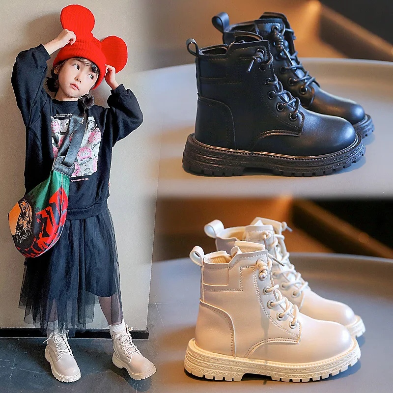 Kids Leather Chelsea Boots Waterproof Non-slip Autumn Winter Plush Warm Snow Boots Children Casual Sneakers Fashion Shoes Girls