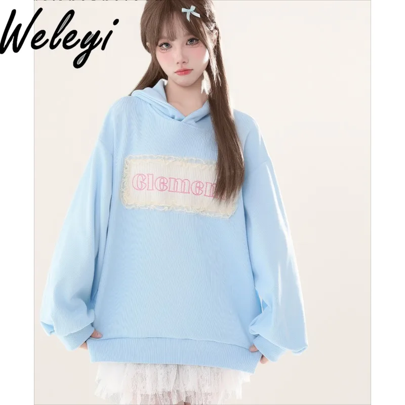 

Loose Sweet Bow Lace Embroidered Hooded Sweatshirt Female Spring and Autumn New Cute Oversize Blue Midi Hoodie Top for Women