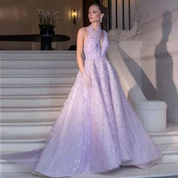 Luxurious Beaded Dubai Lilac Halter Neckline A-Line Evening Dresses for Women Elegant Long Arabic Tulle Prom Formal Gowns 2024