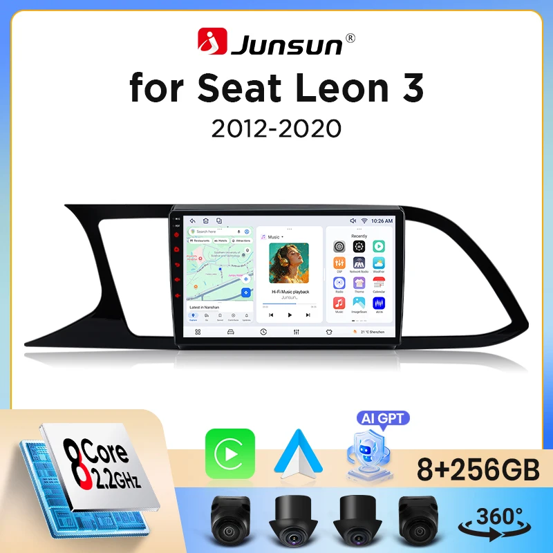 Autoradio Junsun sans fil CarPlay Android Auto pour SEAT Leon Mk3 (5F) 2012-2020 avec ventilateur de refroidissement intégré, navigation GPS Android, lecteur mu