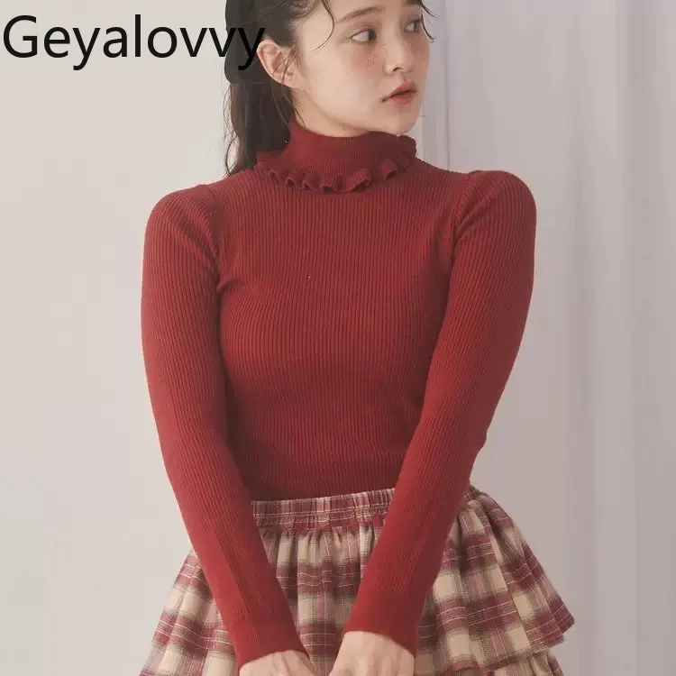 Pull polyvalent à Base de couleur unie pour filles, doux, polyvalent, mignon, bord à volants, haut tricoté fin, nouvelle collection automne hiver