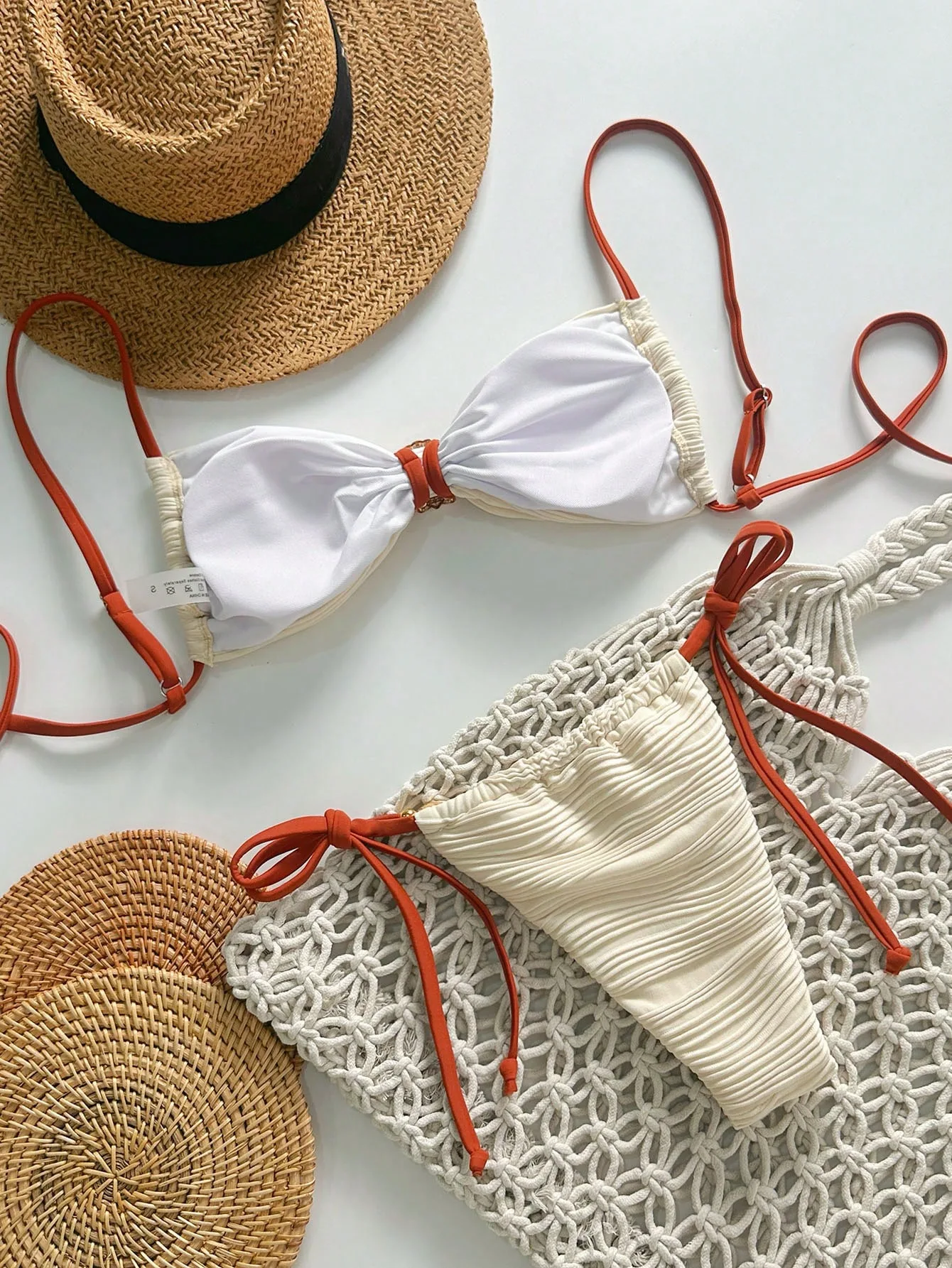 sexy beige ribbed metal shell bikinis sets two pieces beads back tie swimsuits bathing suit swimwear biquini tankini trikini