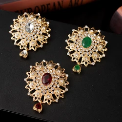 Morocco Trendy Brooch Pins Green Red Rhinestone Gold Color Flower Hajib Pins  Water Drop Crystal Brooches Arabia Wedding Gifts