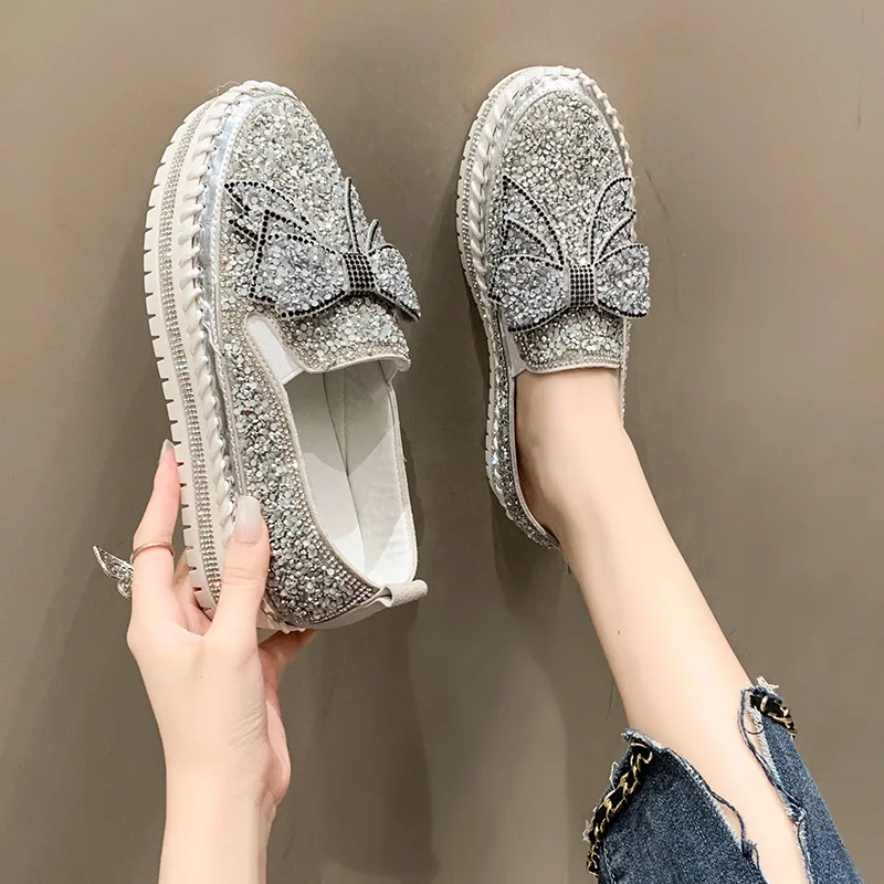 Womens Loafers Shoes Casual Female Sneakers Slip-on Crystal Round Toe Modis Bow-Knot Flats Slip On Rhinestone 2024 Comfortable N