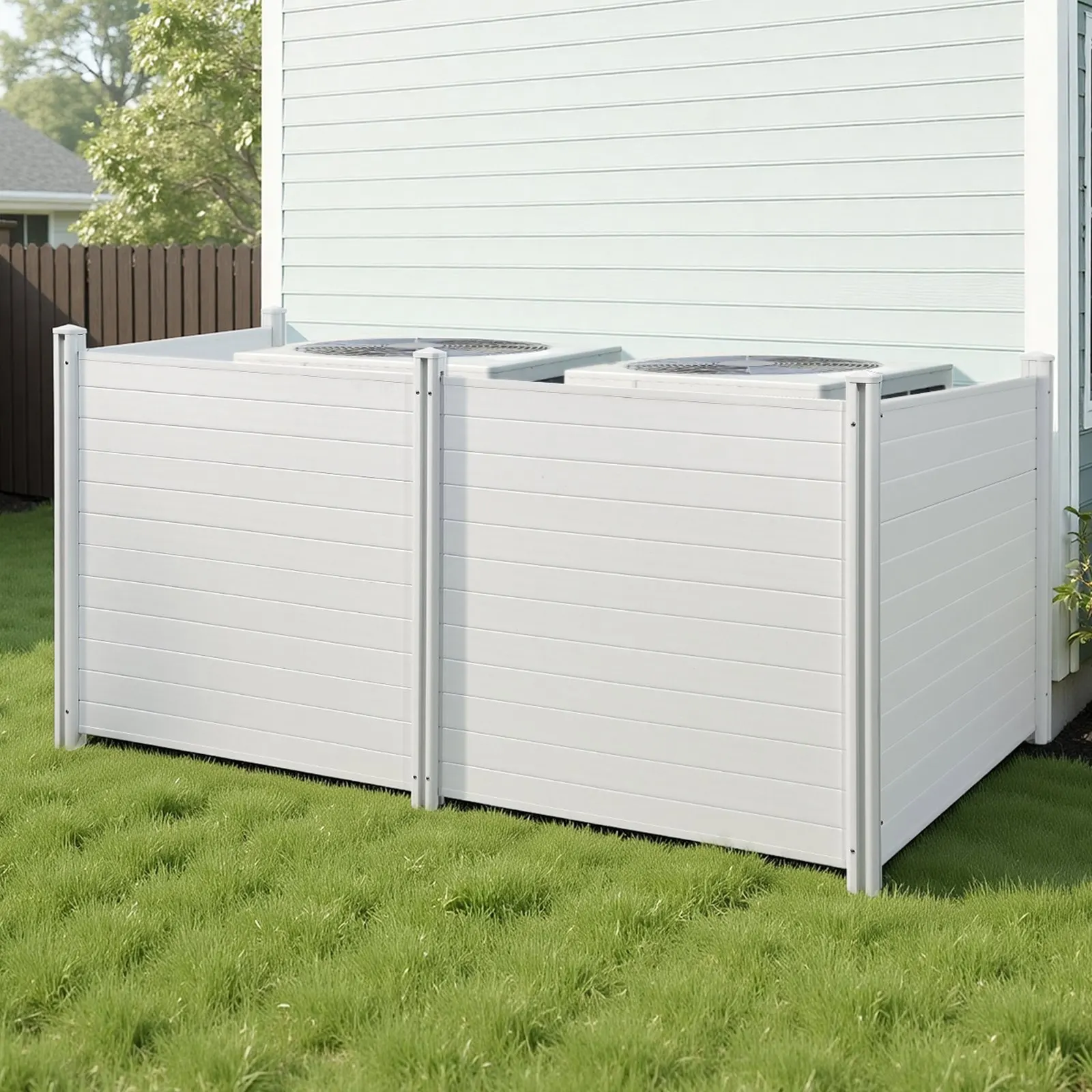 

4-панельный уличный экран для обеспечения конфиденциальности, 50 x 50 дюймов, ограждение для кондиционера с 27,6-дюймовыми колышками для крепления к земле, ограждение для оборудования у бассейна, горизонтальный.