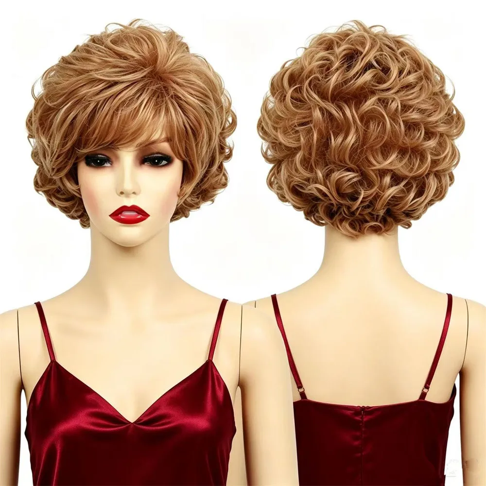 Perruque synthétique courte bouclée pour femmes, brun doré clair, résistante à la chaleur, avec frange, perruque naturelle pour usage quotidien, pour femmes âgées