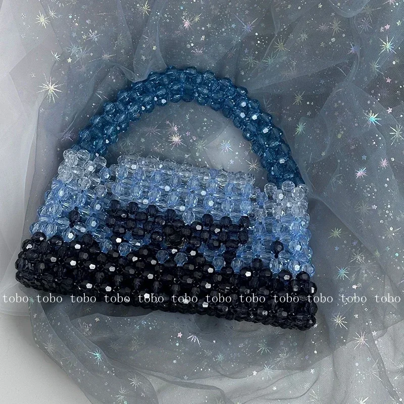 Gradient Blue Beaded Own Design Tote Bags for Women Customized Color Fashion Handbags for 2024 Chain Handle Clutch Evening Bag