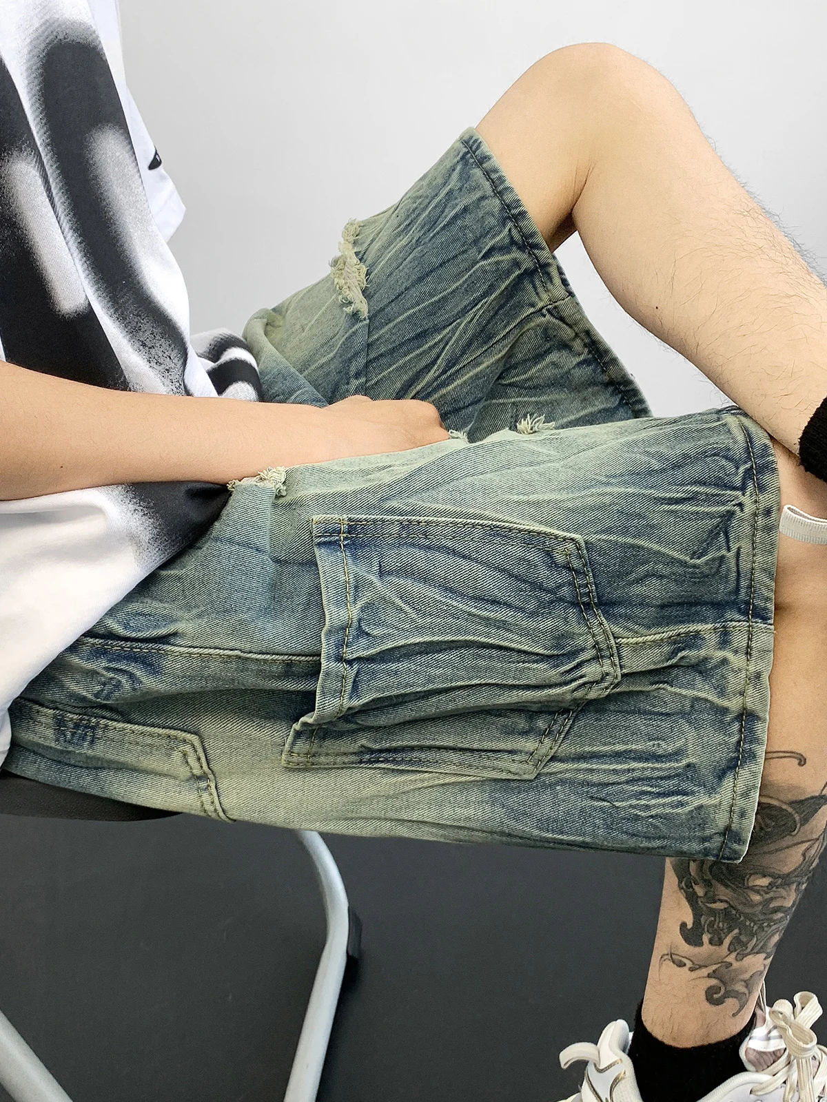 

Summer Thin Men's Straight Leg Worn out Denim orts Low Waist Five Parts Pants Youth Trendy Brand Waed out Casual orts