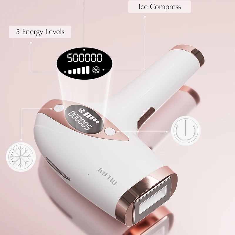 ماكينة إزالة الشعر بالليزر MLAY T4 IPL للاستخدام المنزلي، ماكينة إزالة شعر الوجه والجسم للنساء والرجال 500000   ومضات