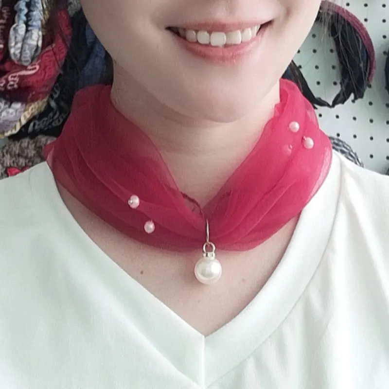 Fashion Solid Color Thin Neck Collar For Women Fake Pearl Pendant Organza Lace Scarf Elegant Female Sunscreen Silk Mesh Scarves