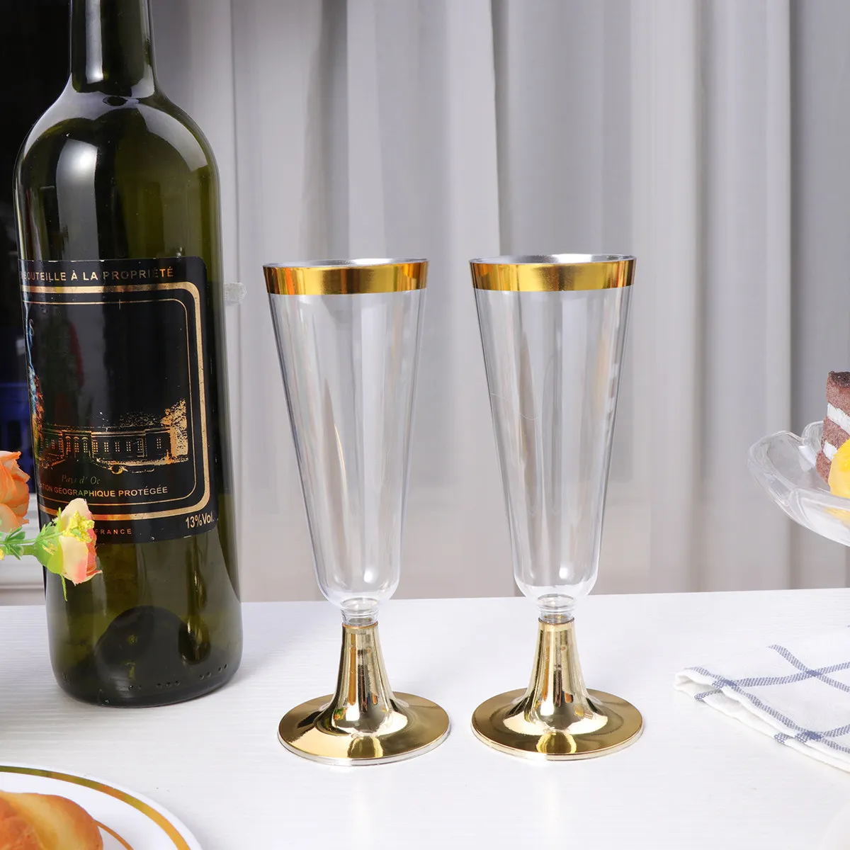 10 Uds. de copas con borde dorado de 150Ml, copas desechables para beber vino, café, fiesta, copa de plástico para cóctel, copa de vino tinto