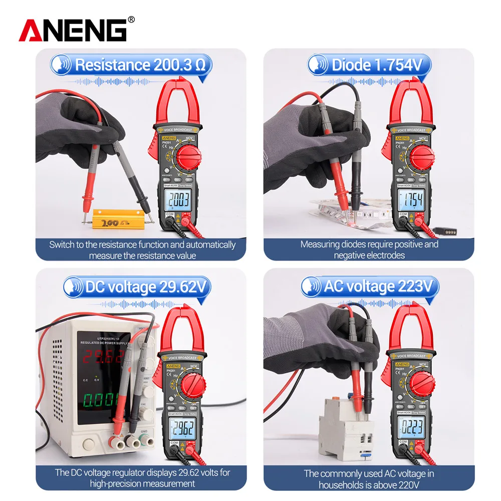 Mierniki głosowe ANENG PN201 zacisk multimetru DC/AC woltomierz 4000 zlicza narzędzia testowe pojemności MultIitester NCV Ohm