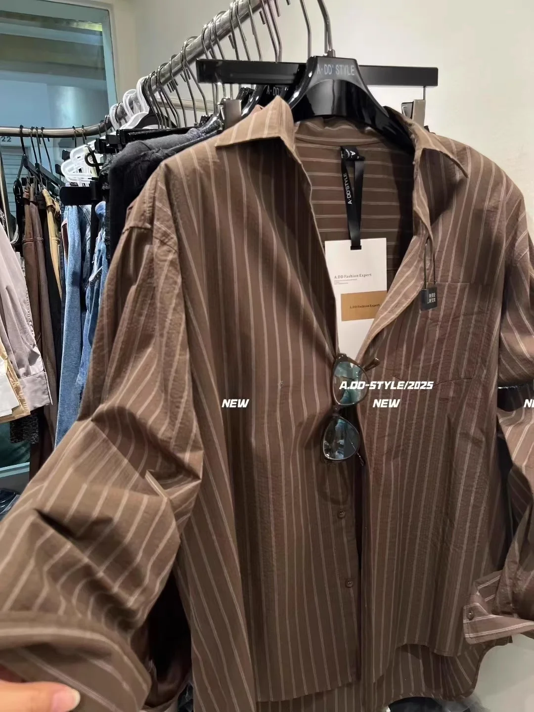 여성용 루즈핏 긴팔 스트라이프 셔츠, 커피색 캐주얼 슬레 버튼업 탑, 빈티지 가을 신상품, 동대문