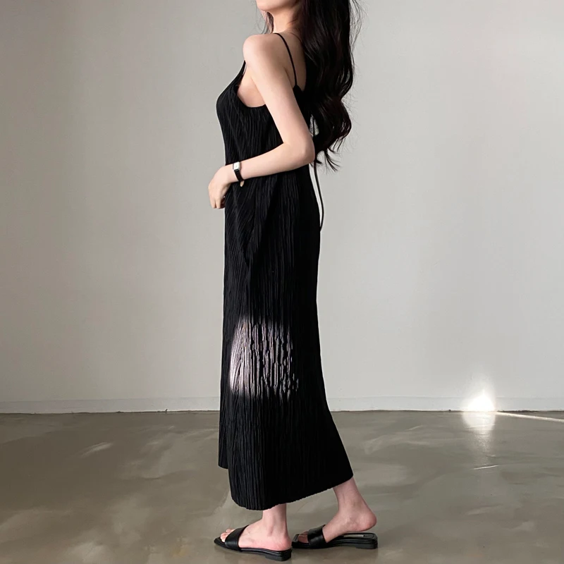 Chic Summer Vintage Lazy Sle Low round Ne Texture Loose Casual  Color Strapl Dr Women's Faion Commute Pure C...