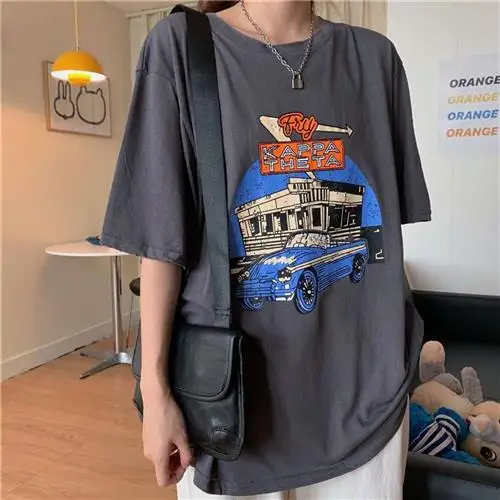 Sommer Cartoon Print Midlength ort Sve T-shirt frauen Casual runde Ne Top Polyester Faser Frühling Kollektion