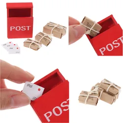 1Set 1:12 Dollhouse Miniature Letter Box Red Mailbox With Mail Sack Postcard Fairy Garden Door Furniture House Decor Toy