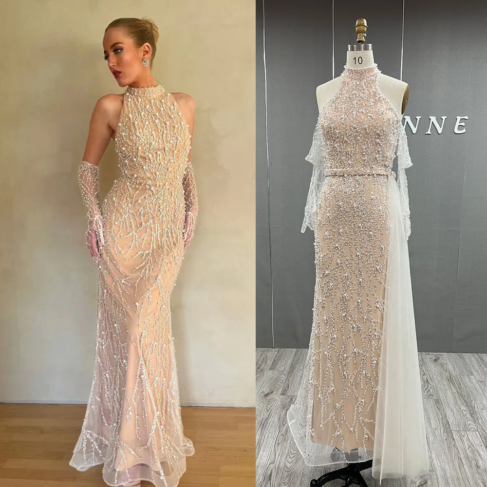 YQLNNE Elegant Nude High Neck Pearls Beading Evening Dress with Gloves Long Mermaid Prom Party Gown Removable Skirt