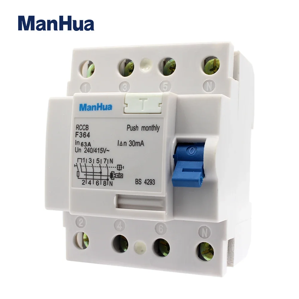 ManHua F364 25A 40A 63A Electronic RCCB 240VAC 30mA 4P 6KA Residual Current Circuit Breaker Electric Leakage Protection MCB