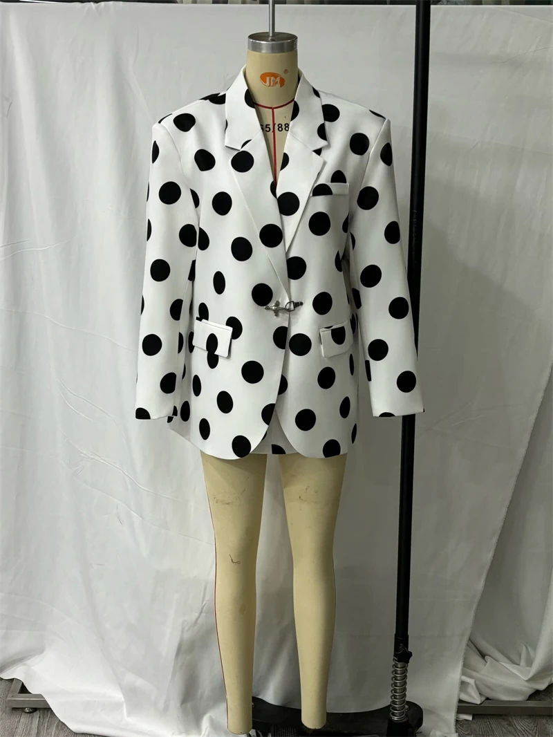 KEYANKETIAN 2026 White Black Big Polka Dot Two Piece Suit Lapel Blazer Long Sleeve Mini Skirt Metal Buckle Office Co Ord Outfit