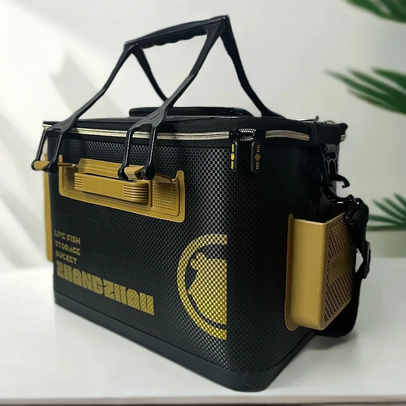 

Multifunctional New Black Gold Fishing Bucket EVA Material Live Fish Bucket Rod Has A Side Pocket Ice Fishing Bucket ，Y686